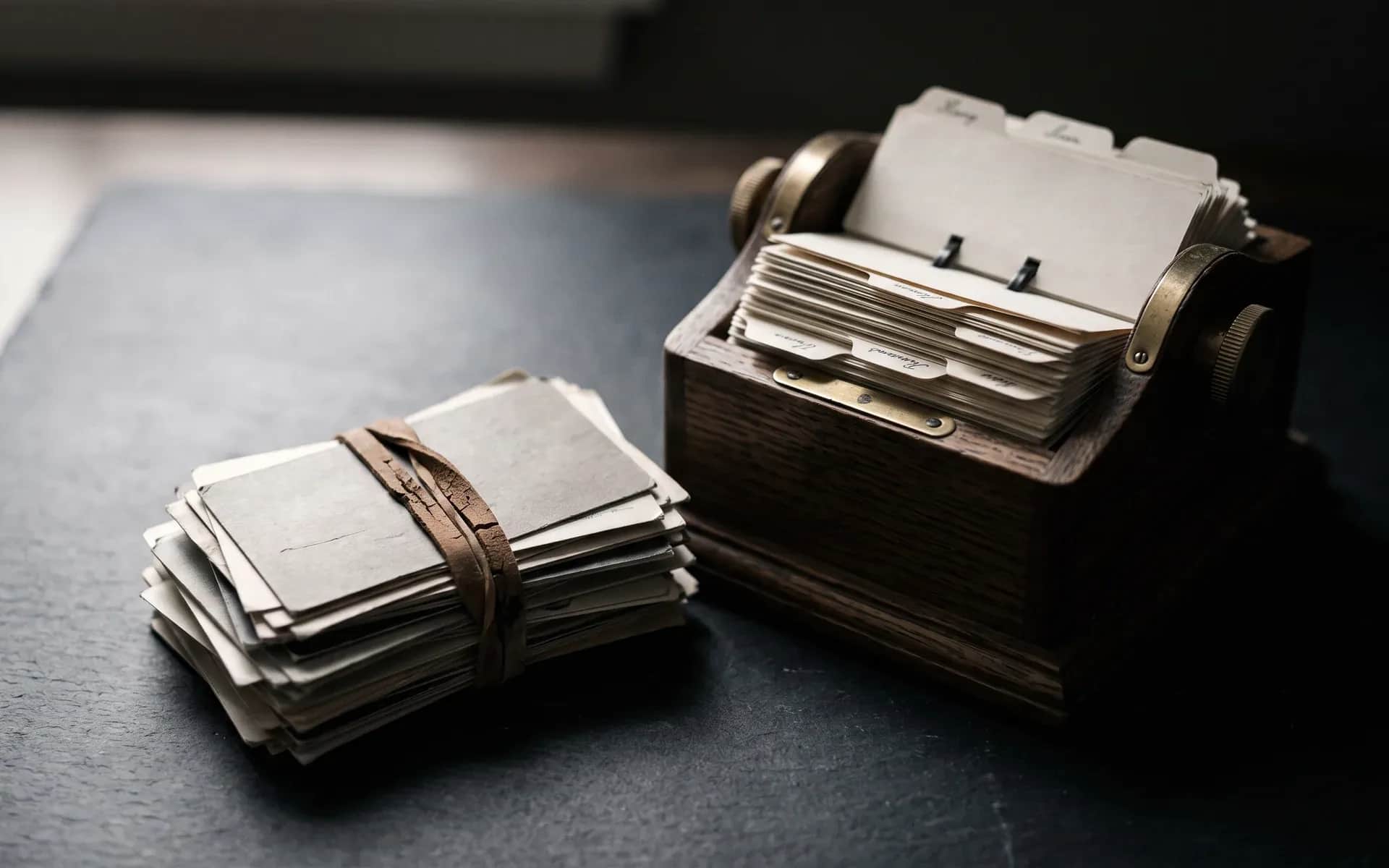 A stack of yellowed contact cards bound with a perished rubber band, beside a wooden rotary card file with tabbed cards.