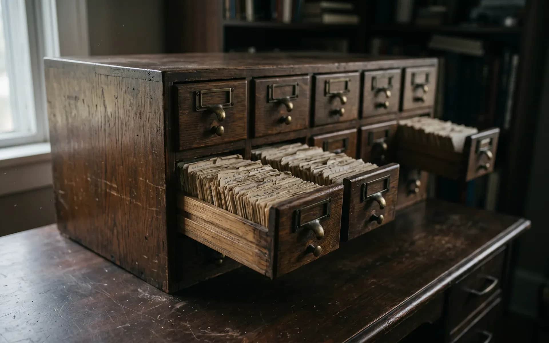 An oak card-index cabinet with a dozen drawers; two are pulled open, each holding its own tightly packed set of cards.