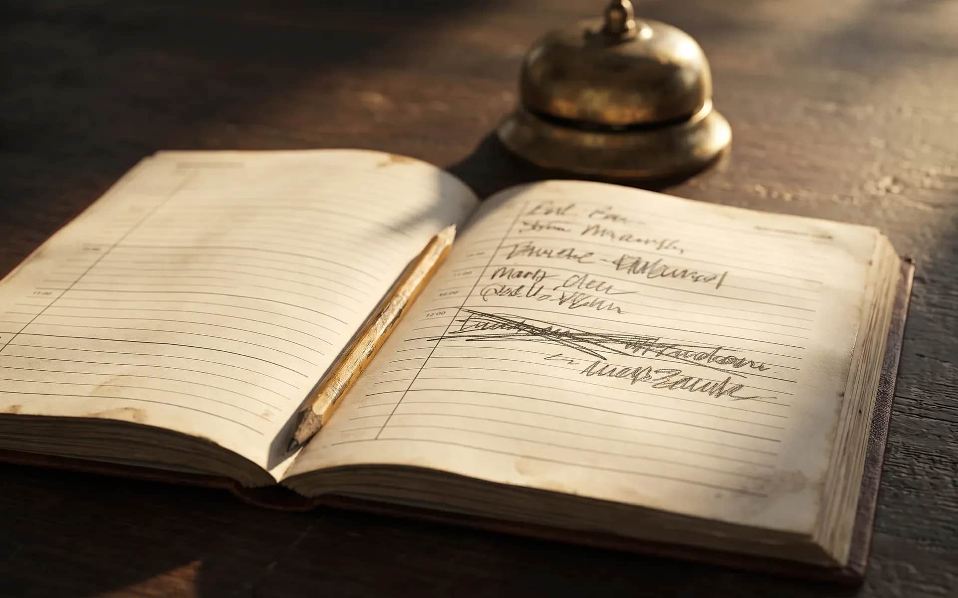 An open paper appointment book with handwritten entries, one struck out and rewritten below, beside a brass reception bell.